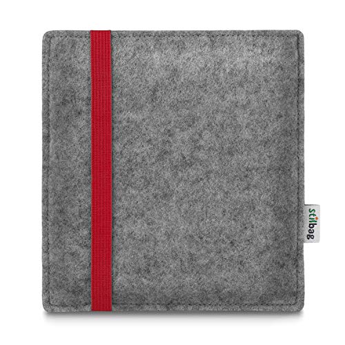 stilbag e-Reader Tasche Leon für Tolino Vision 6 | Wollfilz hellgrau - Gummiband rot | Schutzhülle Made in Germany