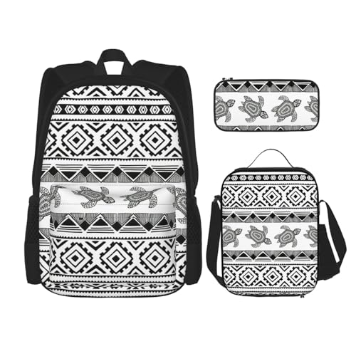 WURTON Ethnische Schildkröte gestreift Druck verstellbare Schultergurte Rucksack Set Mittagessen Tasche Federmäppchen Kombination Taschen Set