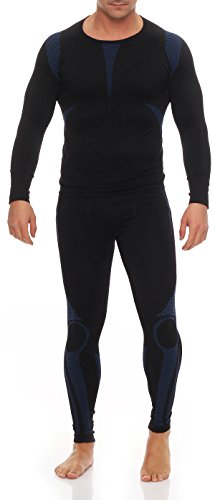 1x Set Herren-Thermounterwäsche Unterhose Unterhemd Langarm Gr. L/XL schwarz/blau Skiunterwäsche Funktionsunterwäsche innen angeraut Thermo warm gegen Kälte weich Wintersport Termo-Unterwäsche