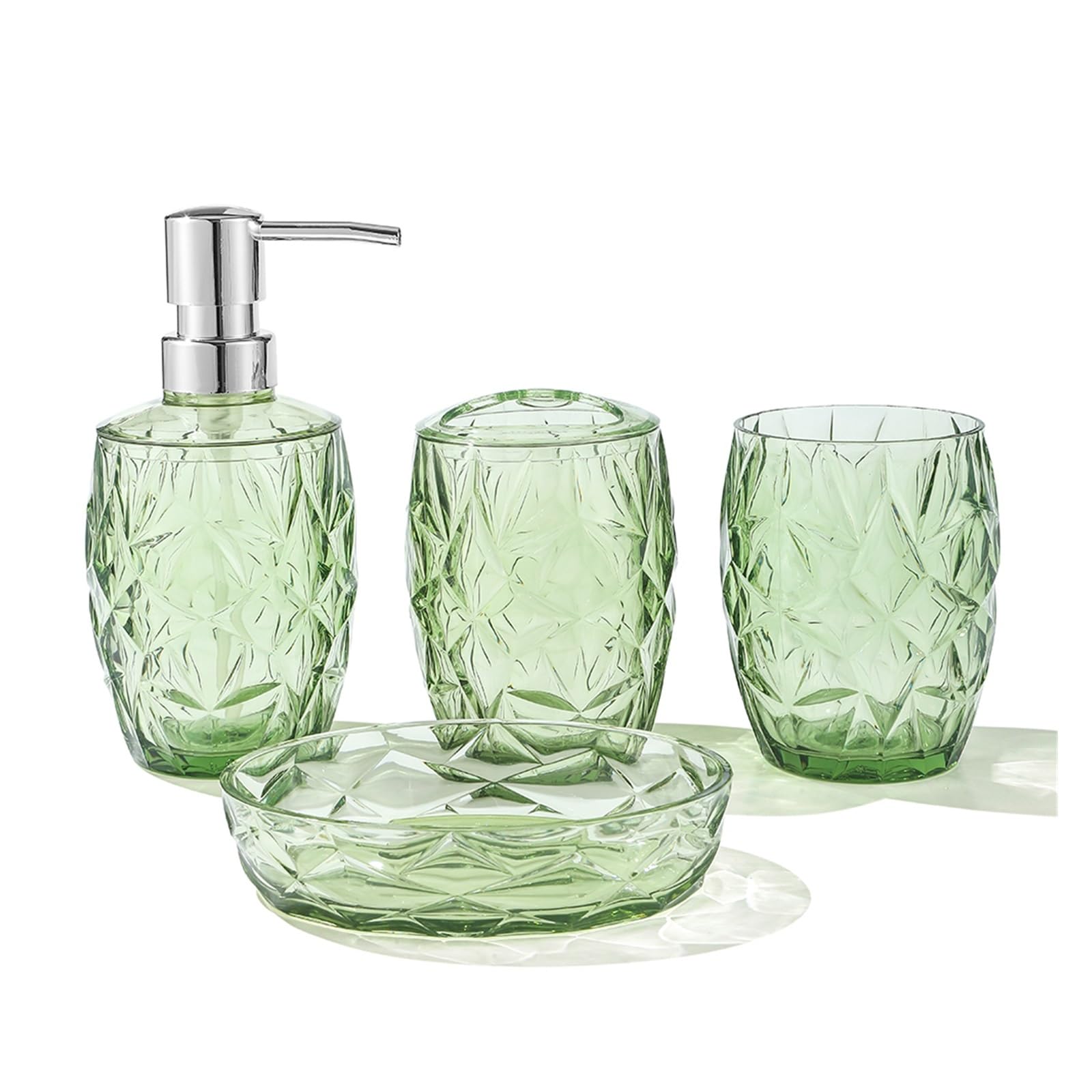 AMEEDA Badezimmer Set Transparentes Badezimmer-Zubehör-Set mit Seifenspender, Zahnbürstenhalter, Becher und Seifenschale for Badezimmer-Arbeitsplatten Badezimmer Set Akazie(Green)