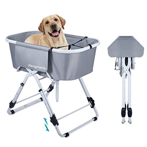 Hengriacly Hundebadewanne, Erhöhtes Haustierbadewanne, Höhenverstellbarer Haustierpflegewanne max. bis 65kg, Collapsible und Tragbare, Badewanne für kleine bis mittelgroße Hunde und Katzen (Grau)