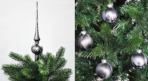 JACK by Thüringer Glas Eislack Christbaumspitze 28cm + 12x Christbaumkugeln 6cm Spitze Weihnachtskugel Set, Farbe:Anthrazit Eislack