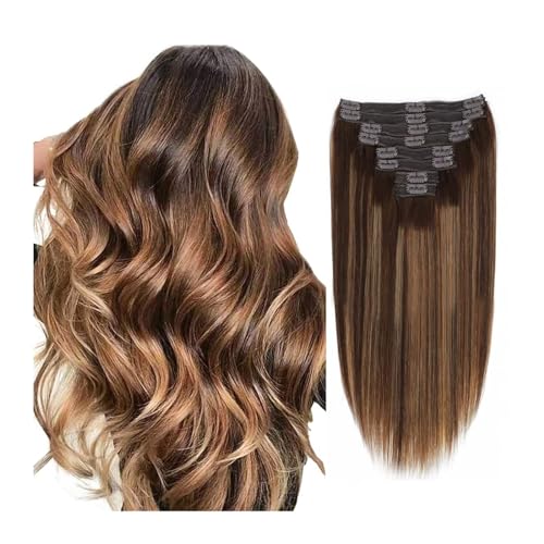 Clip-in-Haarverlängerungen Gerade Clip-In-Haarverlängerungen, Echthaarverlängerungen, P4/27, mittelbraun, gemischt, blond, Ganzkopf-Clip-Ins, natürliches Haar mit 18 Clips Clip-in-Haarverlängerungen a