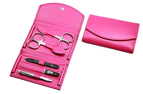 Maniküre Set - 5 teiliges Nagelpflegeset - Echtes Nappa-Lammleder - Nagelschere, Hautschere, Nagelfeile, Pinzette und Doppelinstrument (Pink)