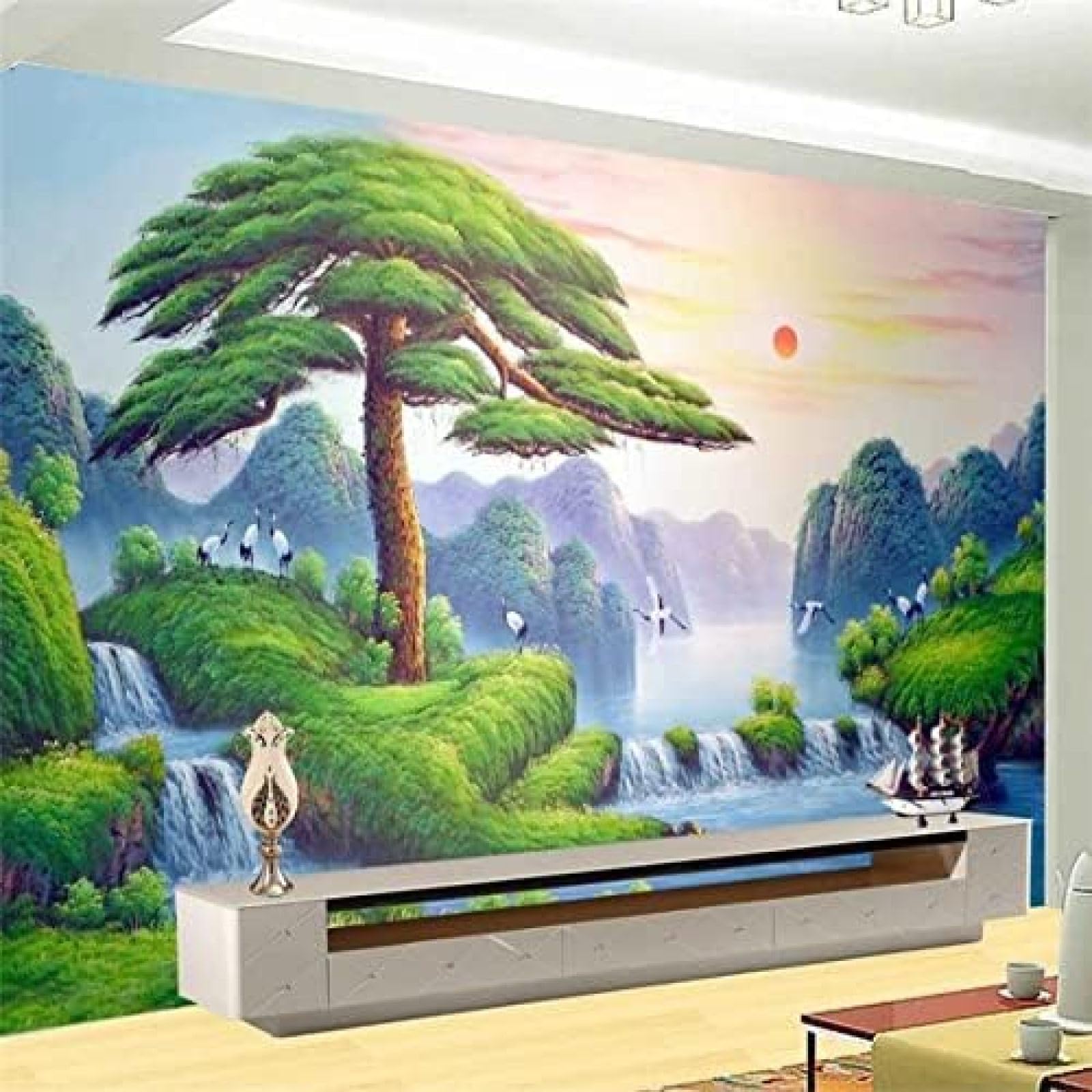 XLMING Sonne-Kiefer-Baum-Landschaftsmalerei 3D Tapete Wohnzimmer Sofa Schlafzimmer Esszimmer Home Dekoration Wand-300cm×210cm