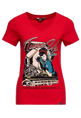 Queen Kerosin Damen Kurzarm T-Shirt V Ausschnitt Tune Up Print Slim Fit Tune Up