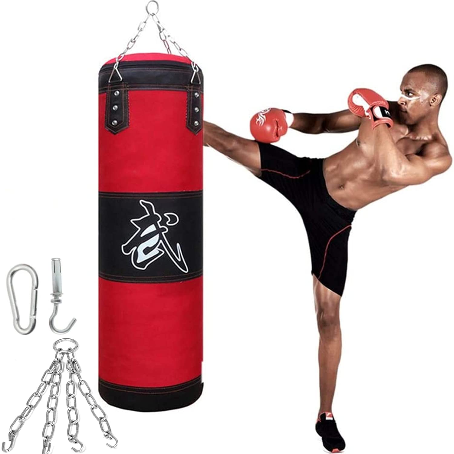 Boxsack Kinder Erwachsene Boxsack Hängend Set Leder Sandsack Boxen ​Sandsäcke 60CM/80CM/100CM/120CM/150CM für Boxtraining Sandsack MMA Training (Nicht gefüllt),Rot,120cm