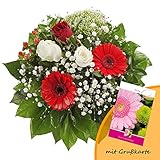 Dominik Blumen und Pflanzen, Blumenstrauß "Gruß von Herzen" mit Rosen, Gerbera und Johanniskraut und Grußkarte "Geburtstag"