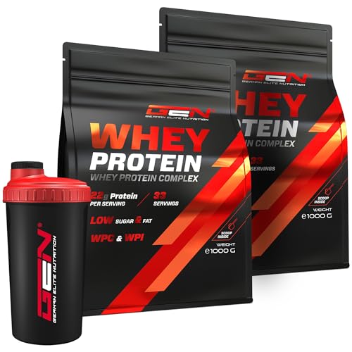 2 kg Whey Protein Komplex + Premium Shaker - Zum Kochen & Backen geeignet - Mit Isolate Anteil - Instant lösliches Eiweiss Protein Pulver mit BCAA & EAA - 2 x 1000 g (Neutral)