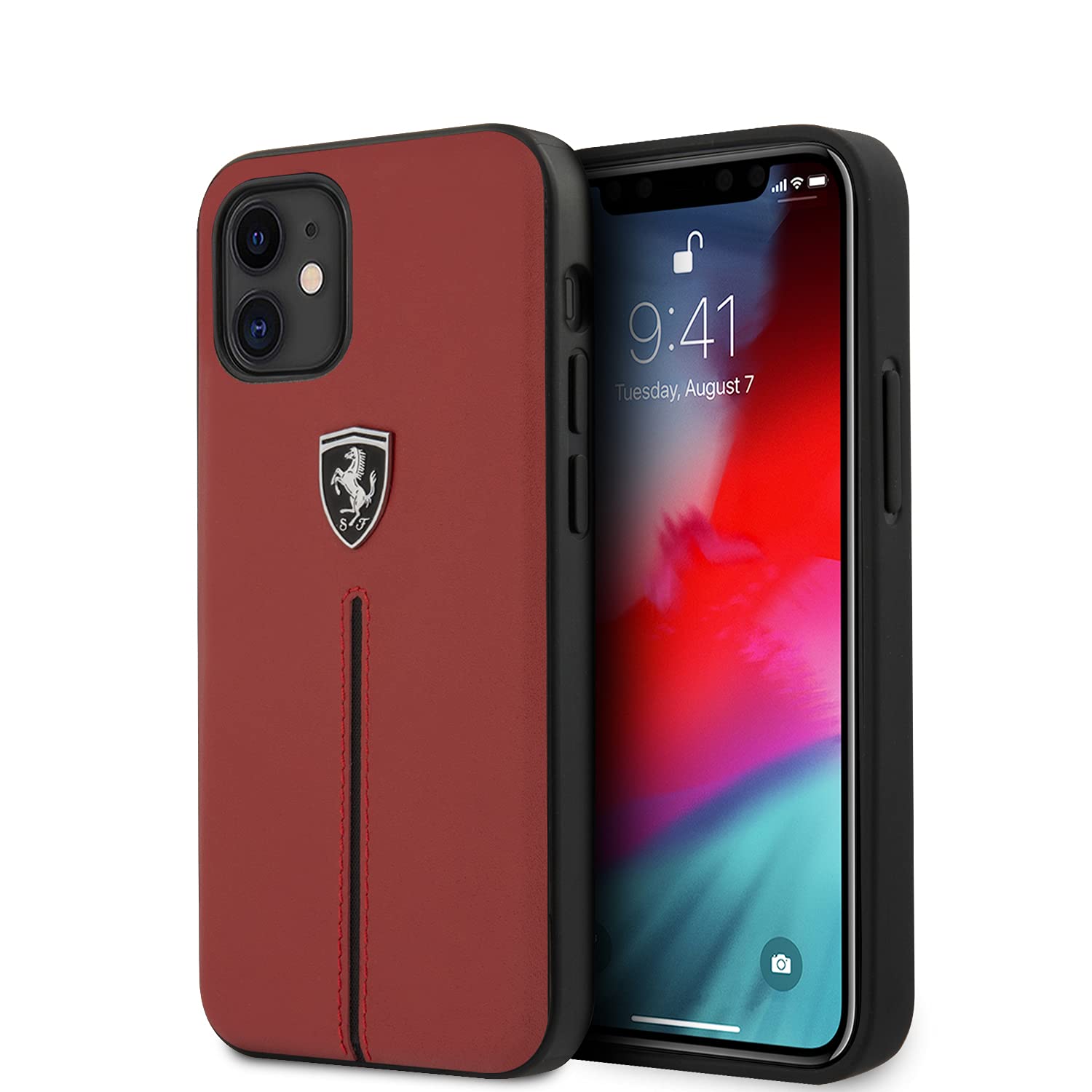 Ferrari Schutzhülle für iPhone 12 Mini in Rot mit schwarzen Mittelnähten, Echtleder, strapazierfähig, einfach anzubringen, Stoßdämpfung und Signatur-Logo