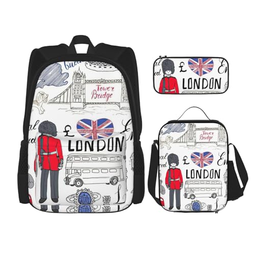 WURTON "I Love London"-Aufdruck, verstellbare Schultergurte, Rucksack-Set, Lunchtasche, Federmäppchen, Kombinationstaschen-Set