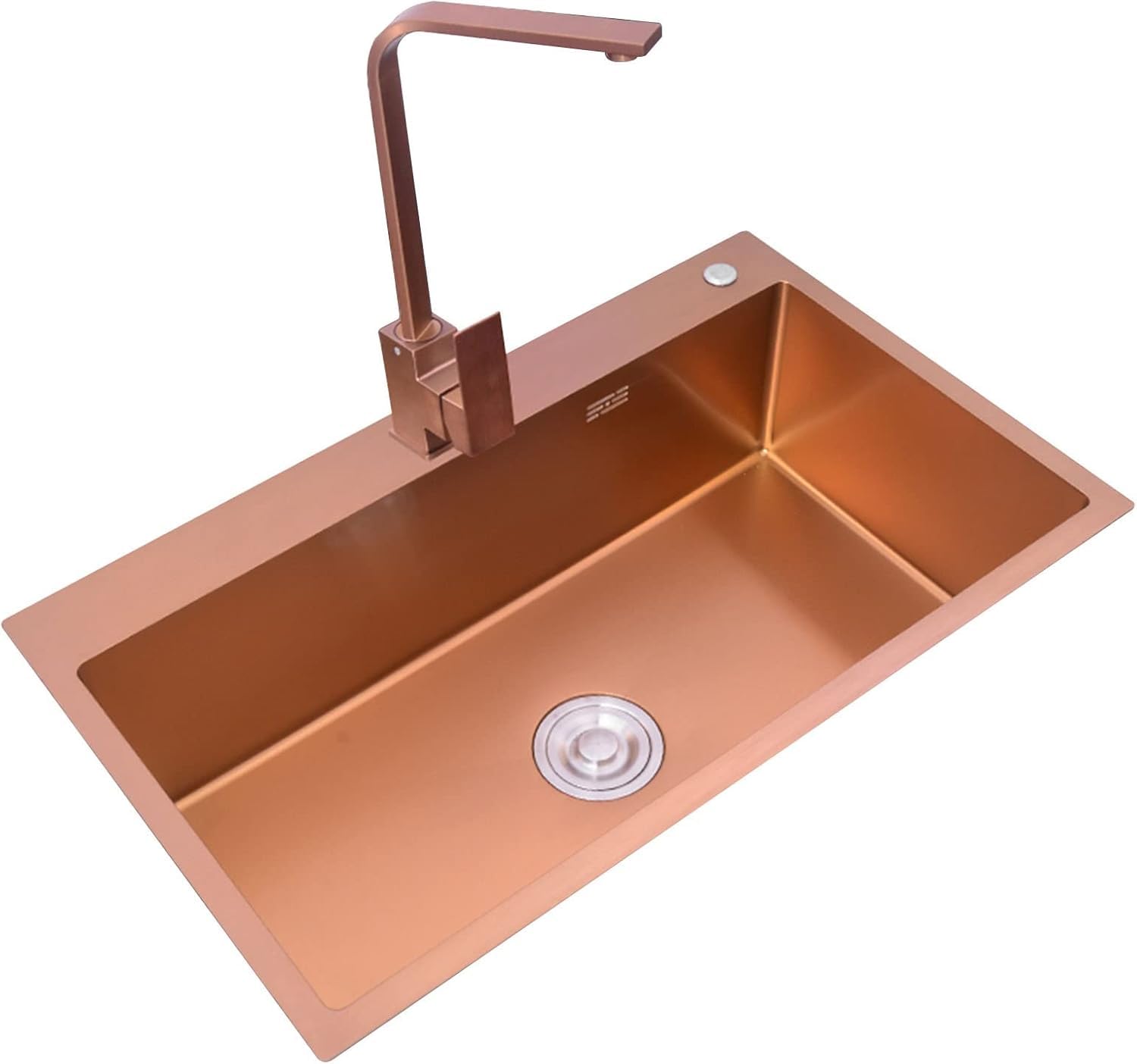 Roségoldenes Spülbecken, Edelstahl-Einzelbeckenspüle, großes Einzelwaschbecken auf der Arbeitsplatte mit quadratischem Wasserhahn, 21 cm tief, handgefertigtes Küchenspülbecken, R10°-Winkelsp