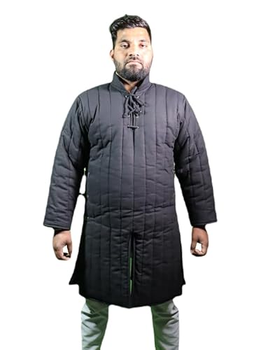 THE MEDIEVALS Mittelalterliche dicke gepolsterte volle Ärmel Gambeson Mantel Aketon Jacke Rüstung, Schwarz, 4X-Large