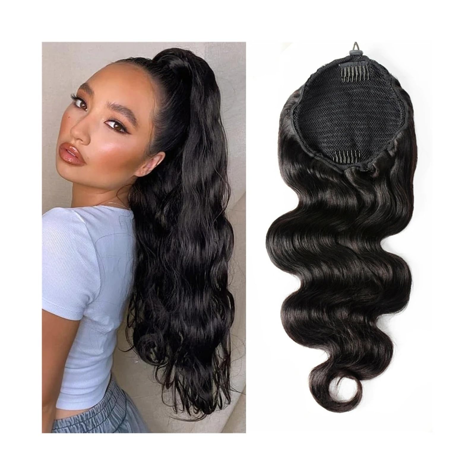 Pferdeschwanz Haarteil Körperwellen-Pferdeschwanz-Echthaarverlängerungen mit Kordelzug, 30,5–66 cm, brasilianisches Remy-Haar, Clip-in-Wellen-Pferdeschwanz-Haarteile for Frauen Pferdeschwanz Haarverlä