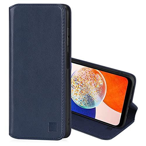 32nd Klassische Serie 2.0 - Lederhülle Case Cover für Samsung Galaxy A14 (4G/5G) (2023), Echtleder Hülle Mit RFID-Blockierung Kartensteckplatz, Magnetverschluss und Standfuß - Marineblau