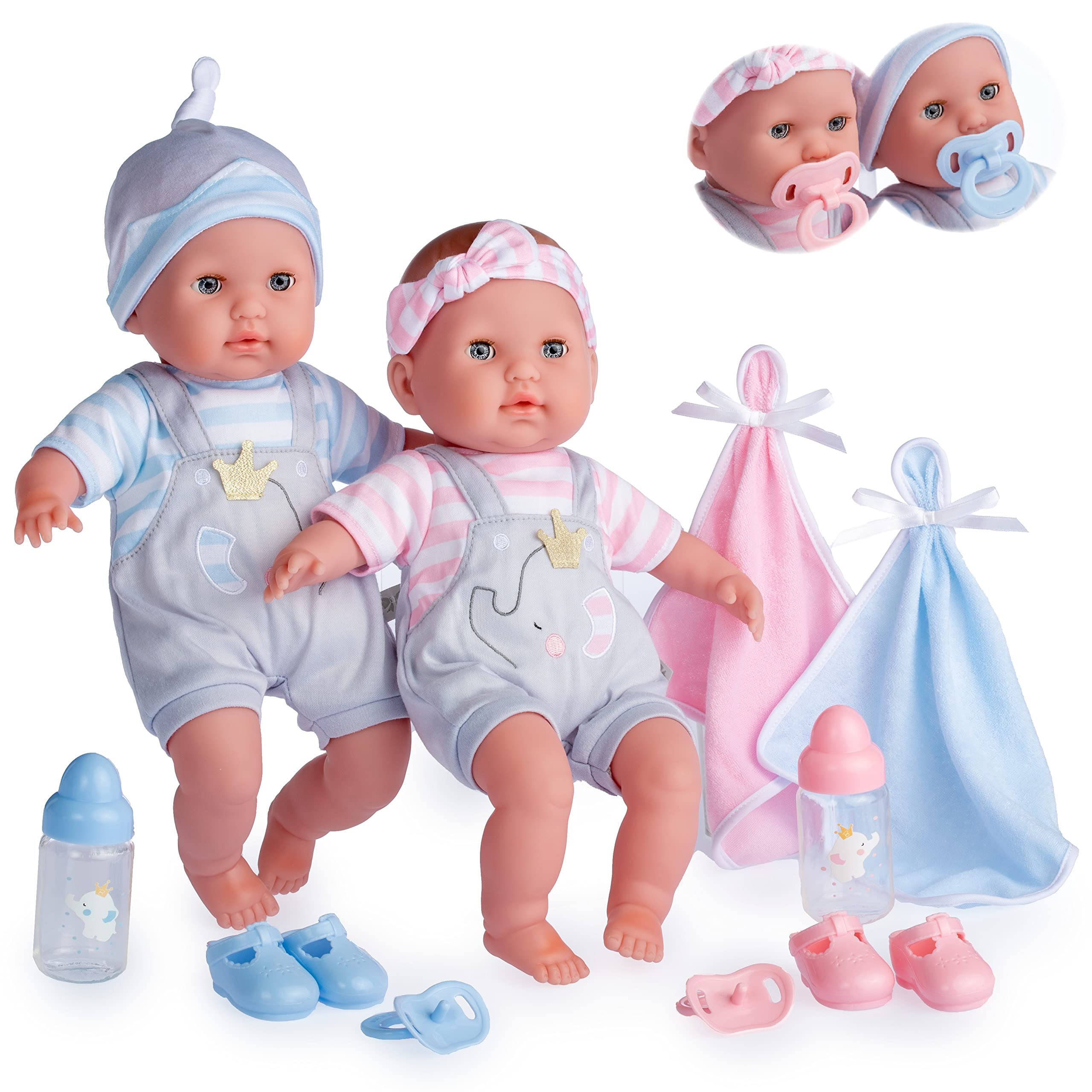 JC Toys- Muñecos bebés gemelos de Berenguer Boutique de Cuerpo blando de 38 cm, sus ojos abren y cierran, incluye ropa y 8 accesorios, diseñado en España por Berenguer, +2 años