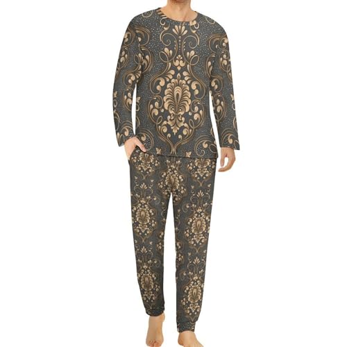 HABXNJF Herren Rundhals Pyjama Set, Rokoko Paisley Floral mit Gold Pyjama für Männer, Herren Pyjama mit Taschen, Rokoko Paisley Floral mit Gold, XL