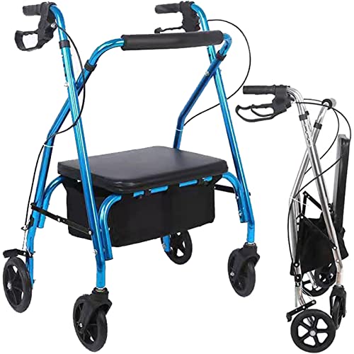 4-Rad-Rollator mit Sitz, faltbarer Rollator Walker, faltbare Rollator Walker, Rollatoren & Zubehör, verstellbarer Griff und Rückenlehne, für ältere Menschen mit Behinderung,Blau