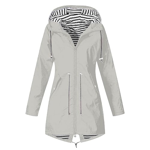 WANGTIANXUE Regenjacke Damen Einfarbig Wasserdichte Softshelljacke Gefüttert mit Gestreift Stanzjacke Atmungsaktive Übergangsjacke Frühling Herbst Leichte Kapuzenjacke Reißverschluss Outdoorjacke