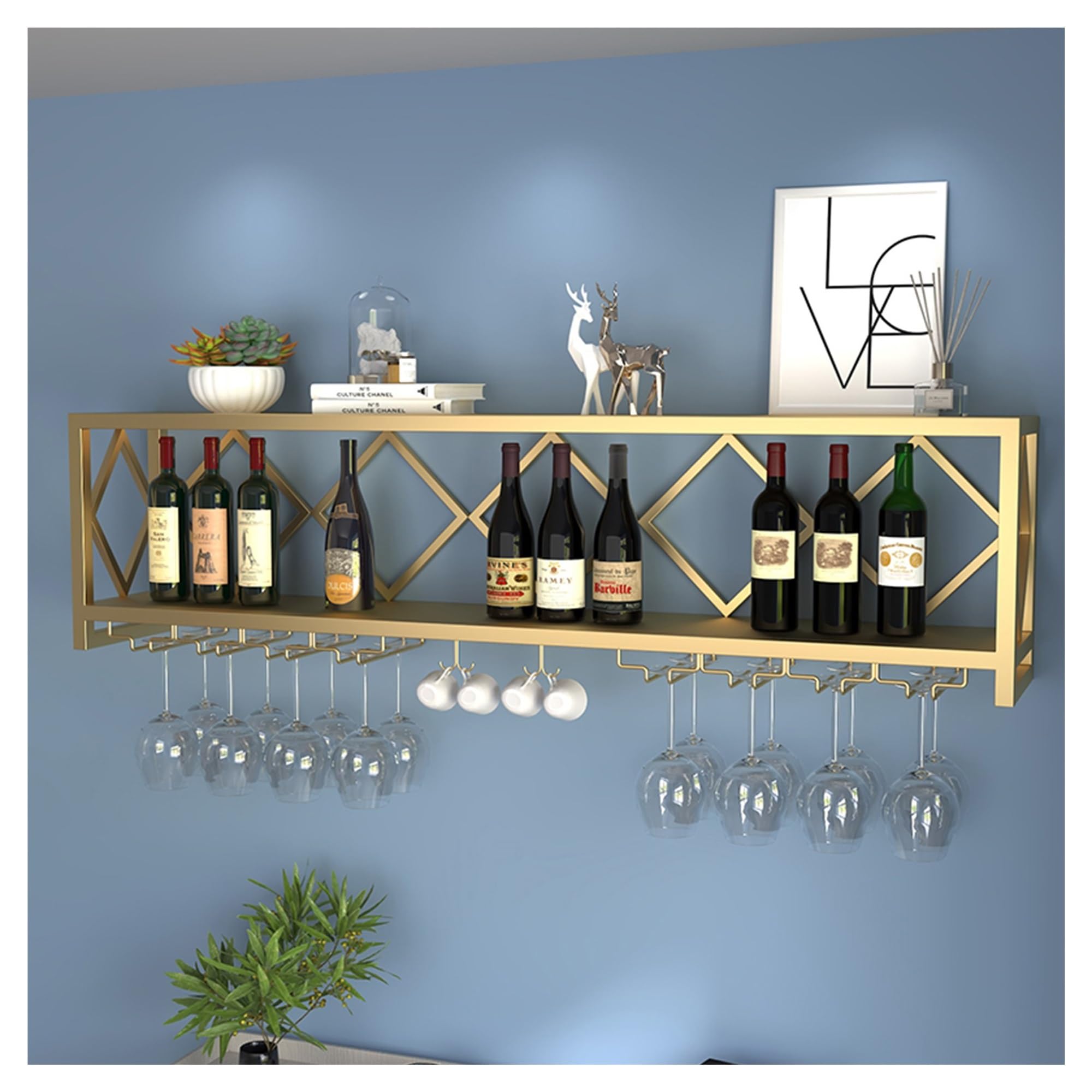 HSJFS Weinregal Bar Regale Wand Montiert Mit Hängendem Wein Glas Rack Halter Mini Bar Liquor Schrank Bar Flasche Display Regal Wein Glas Lagerung Küche Regal Rack Rack Für Home Bar Esszimmer Cküche Co