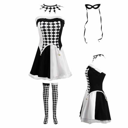 Lyricalist Schwarzes und weißes Gitter Böses Outfit – Halloween-Zirkuskostüm, Halloween-Verkleidung, Zirkus-Kostüm, Kleid, Cosplay-Zubehör für Erwachsene