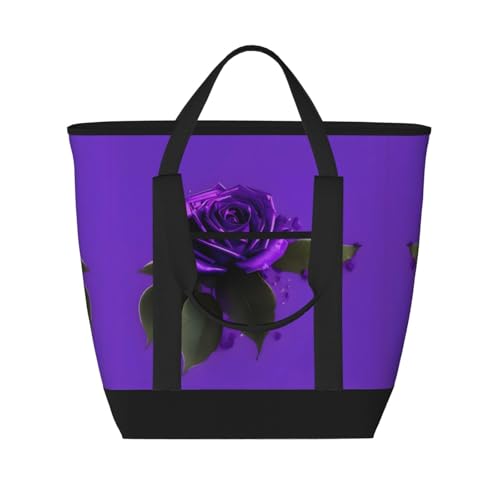 YQxwJL Isolierte Kühltasche mit violettem Rosen-Aufdruck, großes Fassungsvermögen, Einkaufstasche, Reisetasche, Strand, wiederverwendbare Einkaufstasche für Erwachsene, Schwarz, Einheitsgröße, Schwarz