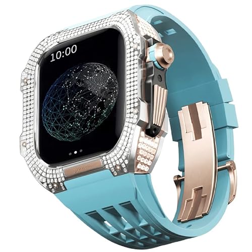 KANUZ Mod-Kit für Apple Watch Serie 6, 5, 4, SE, 44 mm, Gehäuse aus Titanlegierung und Gummiband für iWatch 6, SE, 5, 4, 44 mm, Ersatz-Uhrenarmbandzubehör (Farbe: Blau 65, Größe: 44 mm)