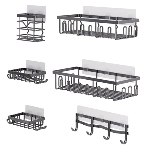 SUMMITDRAGON Set mit 6 platzsparenden Toilettenartikel-Organizern, Wandmontage, Duschregal, schwarzes Aufbewahrungsregal für Badezimmerzubehör