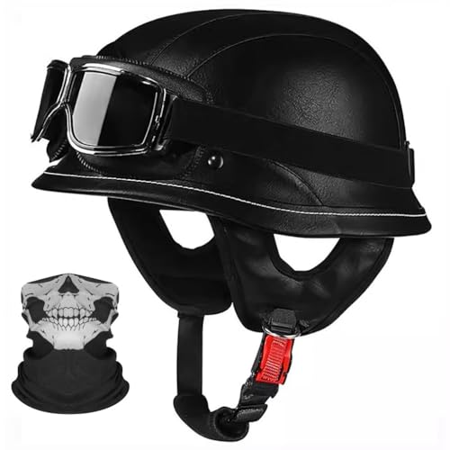 Deutsche Motorrad Halbhelme Leder Halbschalenhelm mit ECE Zertifiziert -Helm Mit Maske und Brille Herausnehmbares Innenfutter M~XL 57~62CM