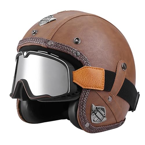 Motorradhelm, Halbhelm Retro Harley Lederhelm Mofa-Helm Motorradhelm 3/4-Helm Jethelm Vintage-Pilotenhelm ECE Zertifiziert Cruiser Chopper Roller mit Schutzbrille,O-XL=(61~62cm)