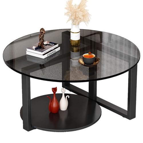 Runder Couchtisch Aus Glas, Runder Couchtisch Mit 2 Ebenen, Modern Minimalistisch, Tische Aus GetöNtem GehäRtetem Glas Mit Mattschwarzen Beinen, FüR Wohnzimmer,Balkon,Schwarz,80cm