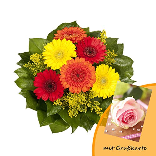 Dominik Blumen und Pflanzen, Blumenstrauß "Marlene" mit bunten Gerbera und Goldrute und Grußkarte "Rosen"