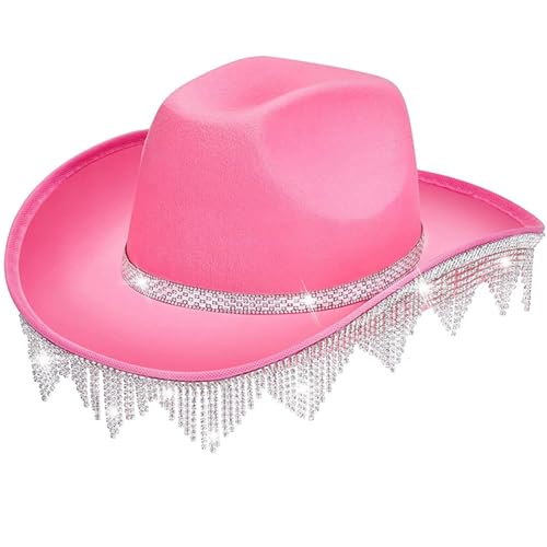 TAKOXIA Cowboyhut, gerollte Krempe, Cowboyhut mit Strass-Fransen für Abschlussbälle, Bankette, Party, Strass, Cowboyhut für Erwachsene