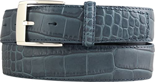 BELTINGER Gürtel mit Edelstahl-Gürtelschnalle und Krokoprägung 4 cm | Leder-Gürtel 40mm Kroko-Optik | Kroko-Muster Schnalle Silber | Jeansblau 95cm