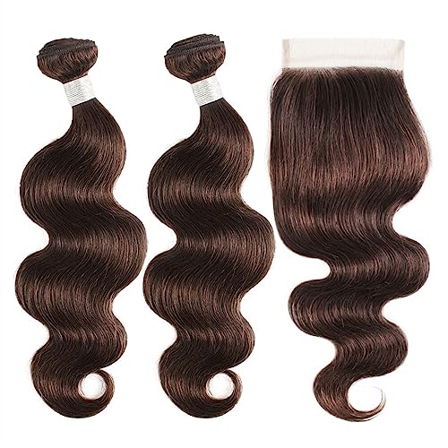 Human Hair Bundles Körperwellen-Bündel mit Verschluss, transparente Spitze, Farbe 2, Dunkelbraun, brasilianische vorgefärbte Remy-Echthaarverlängerung human hair weave (Size : #2 Remy Human Hair, Co