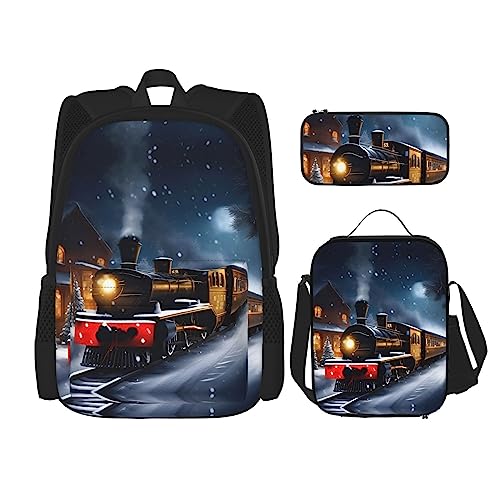 Winter Weihnachten Schnee Nacht Eisenbahn Zug Druck Lunchbox Federmäppchen Rucksack Set 3 Stück Verstellbare Träger Langlebig Leicht, Schwarz, One Size