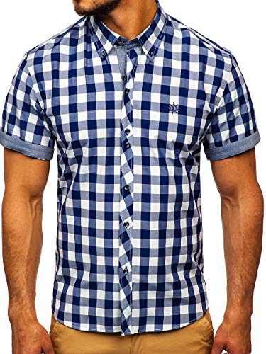 BOLF Herren Kurzarmhemd Kariert Freizeithemd Kurzärmliges Elegant Business Party Hemd Kentkragen Sommer Farbwahl Slim Fit Casual Style 6522 Dunkelblau M [2B2]