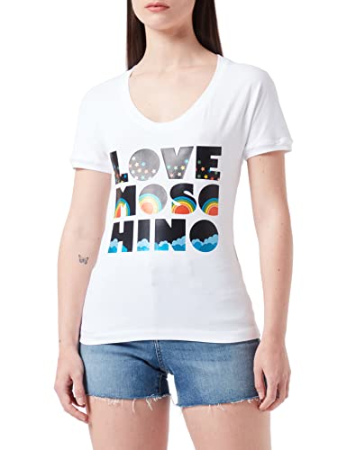 Love Moschino Womens Cotton Jersey with deep Round Neck and Panel Only Good Vibes LM T-Shirt, Optical White, 44