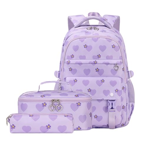 FUXIU Damen-Rucksack, 3-teilig, Schulrucksack-Set mit Lunchtasche und Federmäppchen, Büchertasche, lässiger Rucksack, Tagesrucksack für Schüler, violett, Einheitsgröße, Reiserucksäcke