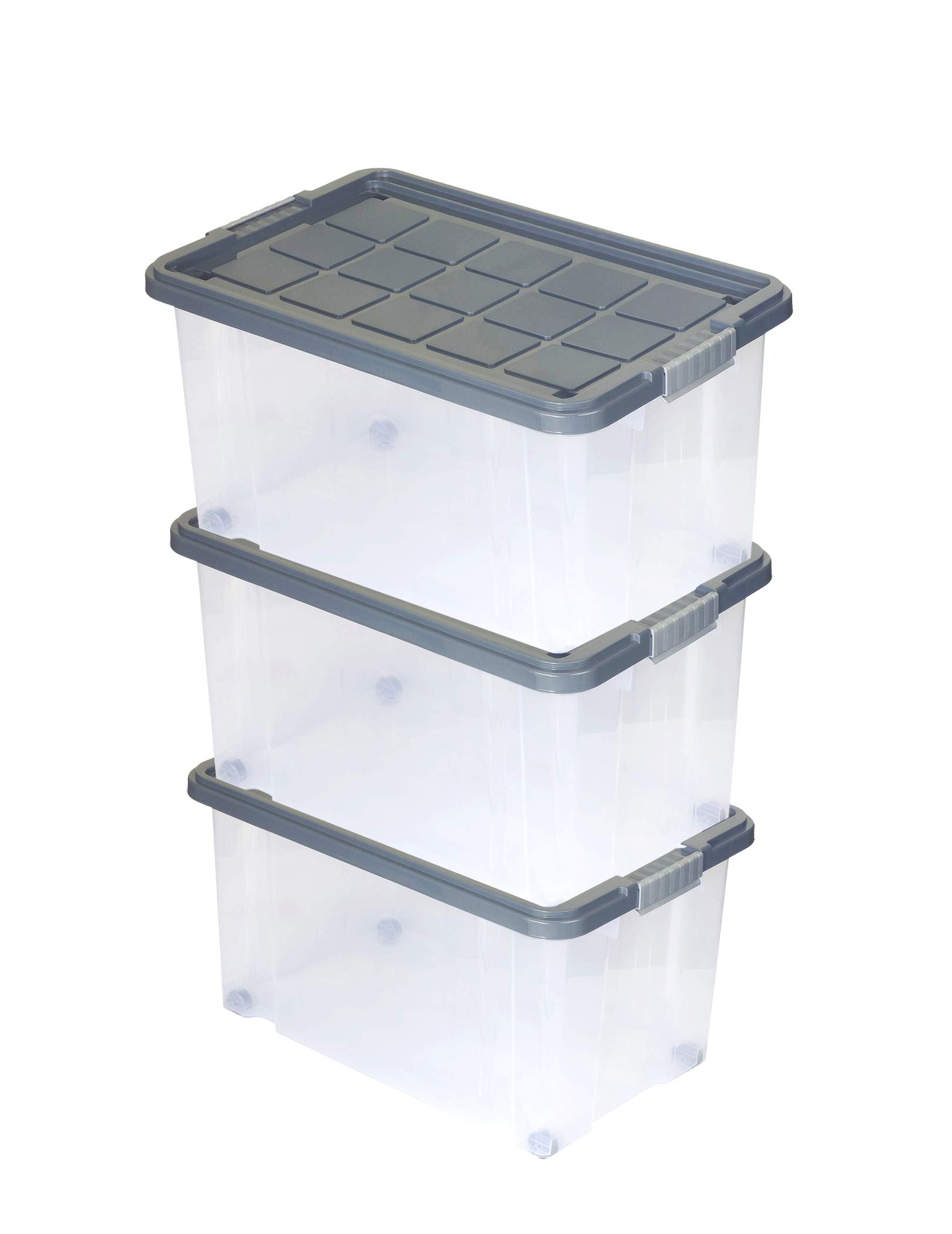 Unimet 3er Set Eurobox mit Deckel und Rollen 60 x 40 x 33 cm stahlgrau Griffe Silber