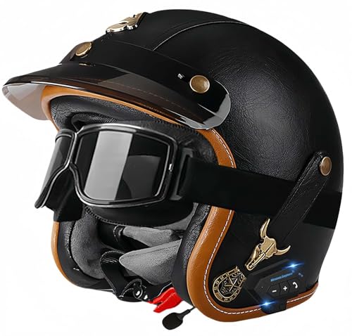 Bluetooth-Helme, Vintage-Motorrad-Halbhelm, ECE-geprüfter offener Mopedhelm mit doppelter Größenverstellung für Cruiser-Bikes, Erwachsene, Männer und Frauen B,XL61-62CM