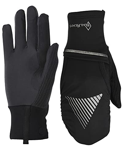 TrailHeads Touchscreen Handschuhe für Damen mit Reflektierendem Wasserfestem Fäustlingsüberzug von TrailHeads – Konvertible Laufhandschuhe Damen – Schwarz Reflektierend (mittel/groß)