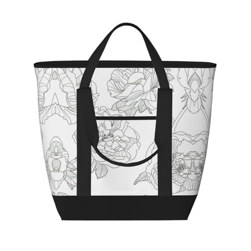 YQxwJL Line Einkaufstasche mit Blumenmuster, großes Fassungsvermögen, isolierte Lunchtasche, wiederverwendbare Einkaufstasche mit Reißverschluss, für Damen und Herren