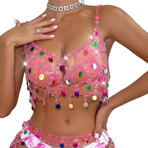 SOUTHJIELING Damen-Unterhemd mit ausgestanzten Kristallen, Strass, Körperkette, Schmuck, bunte Pailletten, ärmellos, bauchfreies Top, Party, Clubwear