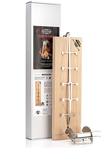 Axtschlag Premium Flammlachsbrett Kirschholz extrastark, 10-Fach verstellbare Patenthalterung aus Edelstahl für Feuerschale, Feuertonne, Feuerkorb, Smoker, Grill, Gastronomie