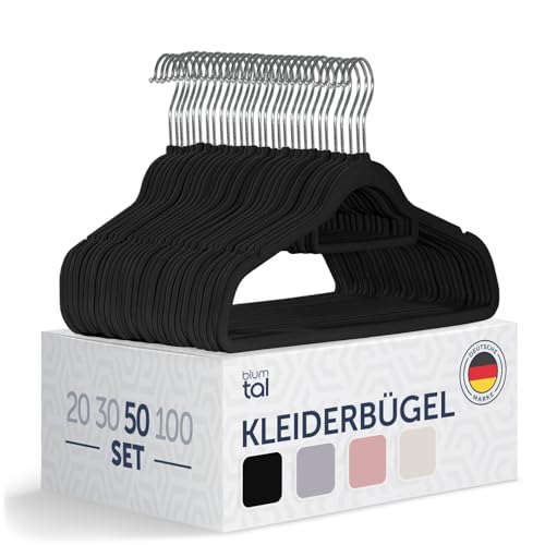 Blumtal Kleiderbügel 50 Stück - Kleiderbügel Samt 360° drehbar und belastbar - Kleiderbügel platzsparend und rutschfest - Kleiderbügel Schwarz mit Samtbezug - Samtbügel - Kleiderbügel Samt Schwarz