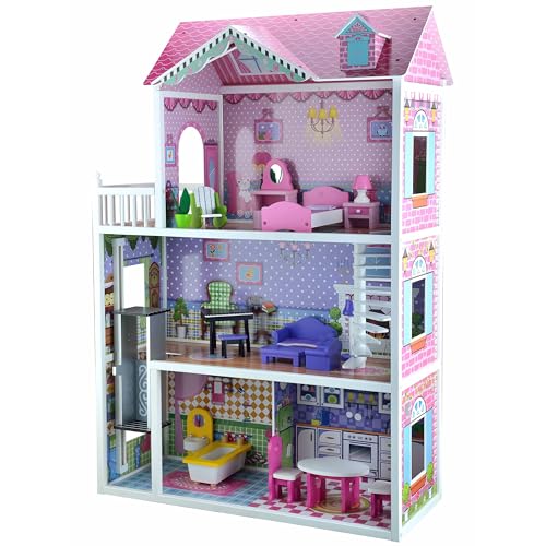 4iQ Group Puppenhaus aus Holz 124x34x84cm - Puppenhaus ab 3 Jahre Mädchen - Puppenhaus Groß XXL mit 3 Etagen und Aufzug - Dollhouse mit Möbeln und Zubehör