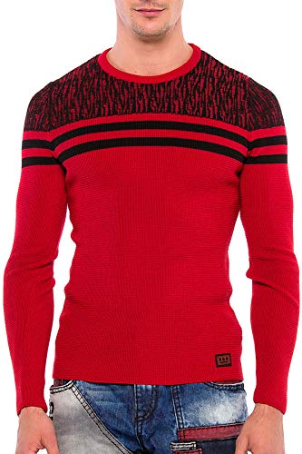 Cipo & Baxx Herren Strickpullover Mustermix Rundhalskragen Sweater Pulli Streifen Design Smart Pullover Sweatshirt Rot-Schwarz XL