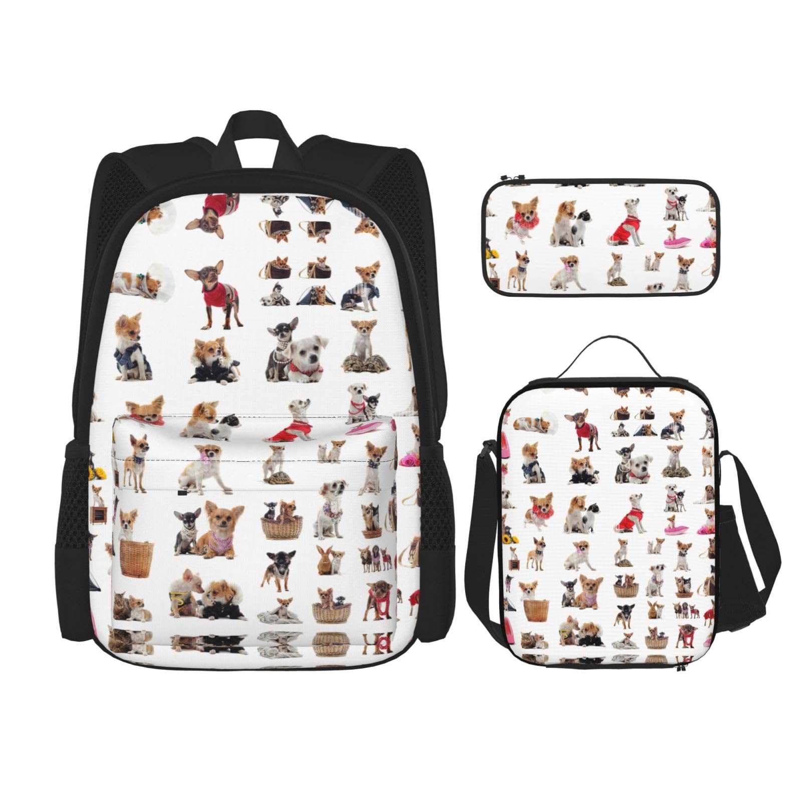 WURTON Niedliches 3-in-1-Büchertaschen-Set mit Chihuahua-Mops-Muster, verstellbarer Schulter-Rucksack, Lunch-Tasche, Federmäppchen, Beutel, Schwarz, Einheitsgröße