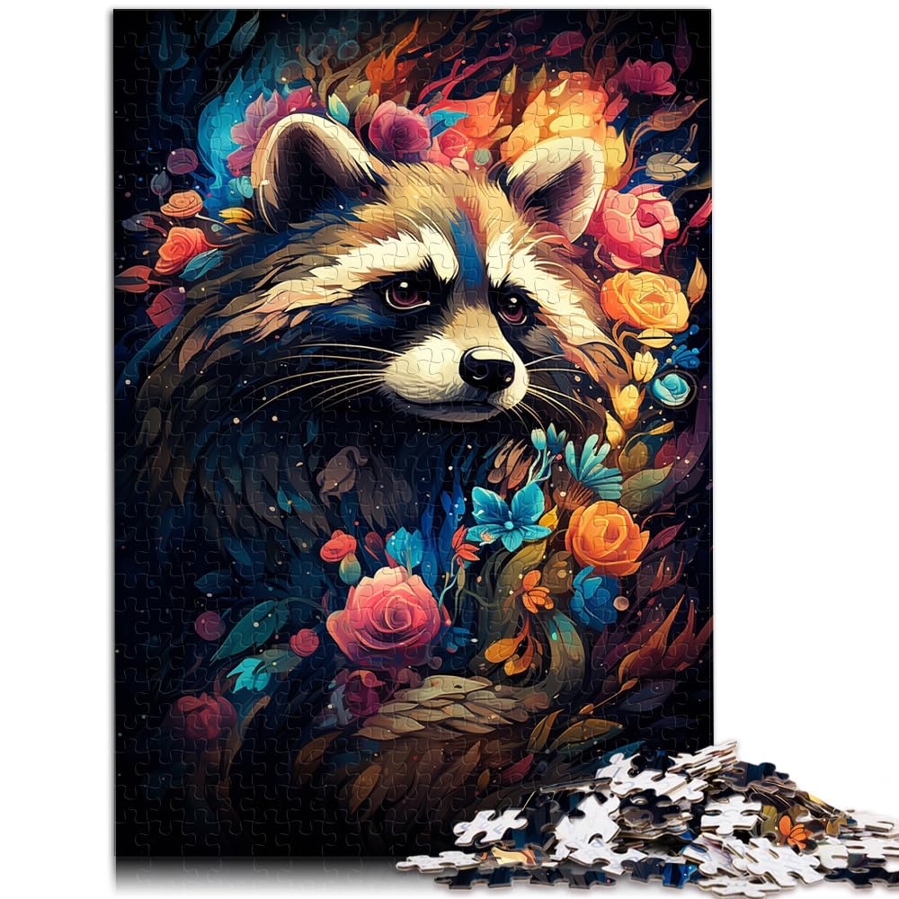 Puzzlespiele Bunte Psychedelie des Sternenhimmel-Waschbären 1000-teiliges Puzzle für Erwachsene aus Holz mit passendem Poster und Wissensblatt 1000 Teile (50 x 75 cm)